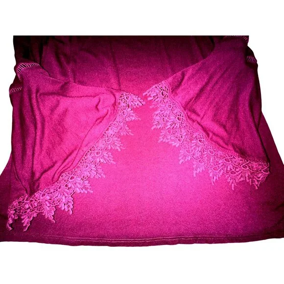 Coverstitched Burgundy Lace Trim Bell Sleeve Top Size M - Picture 8 of 9